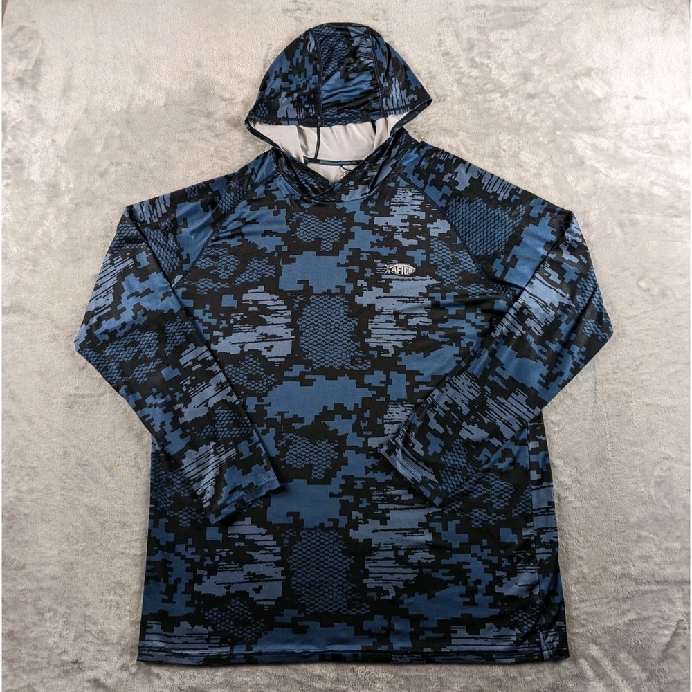 AFTCO Hoodie Mens XL Blue Digital Camo AFTech Fishing Sun Shirt Lightweight READ